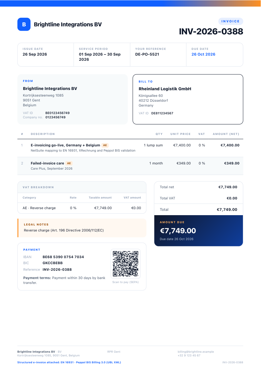 Sample invoice: Belgium to Germany, reverse charge