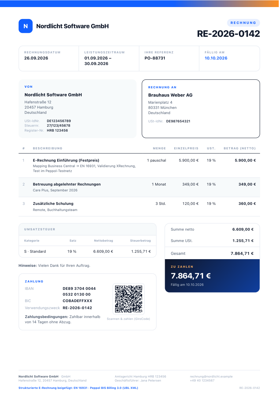 Sample invoice: German domestic, 19% VAT